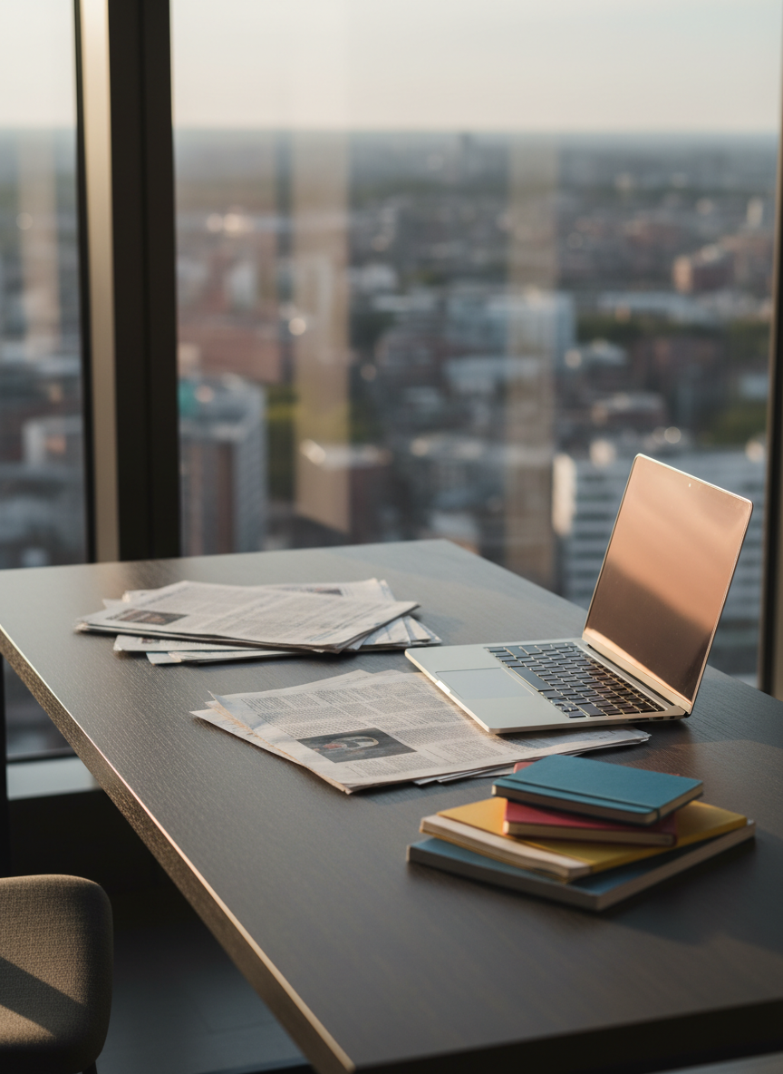 A sleek, modern newsroom desk made of matte charcoal wood, covered with a neatly arranged spread of printed articles, a slim silver laptop, and a small stack of colorful notebooks, each slightly worn at the edges. The desk sits near a large window overlooking a softly blurred cityscape. Late afternoon natural light pours in, creating gentle highlights along the laptop’s metallic edges and soft shadows beneath the papers. Captured at eye level with a slight angle, the foreground in crisp focus and the urban background subtly out of focus. The mood is professional yet approachable, conveying efficient storytelling in a real-world setting, rendered in clean, photographic realism suitable for a contemporary news magazine homepage hero image.