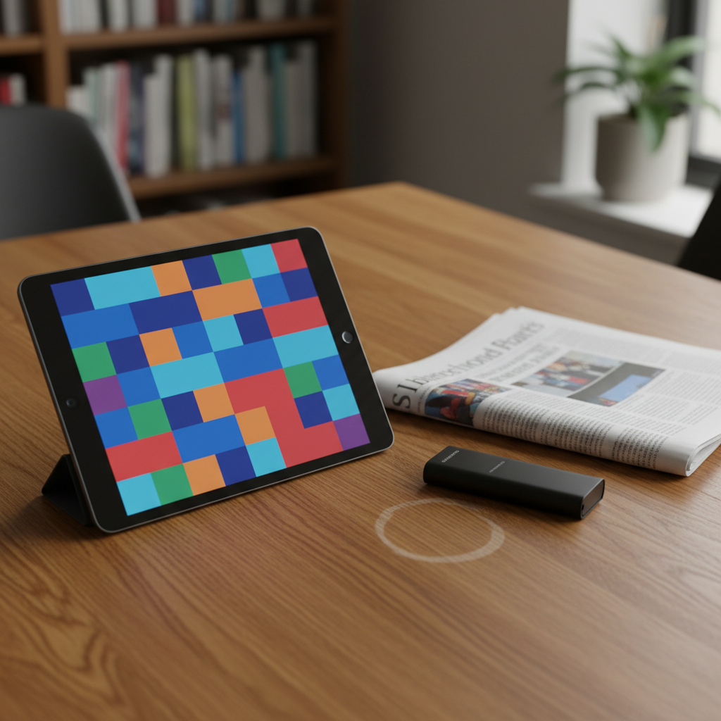 A neatly organized tablet lying on a warm oak tabletop, its screen displaying a grid of abstract, colorful rectangles representing various news categories without any legible text. Around it, a folded broadsheet newspaper, a slim black audio recorder, and a ceramic cup ring mark on the wood hint at an active editorial process. Soft overcast daylight filters through an unseen window, giving the scene even, diffused illumination with minimal harsh shadows. Photographed from a slightly elevated angle with a medium depth of field, the tablet centered using rule of thirds. The atmosphere feels calm, focused, and professional, capturing the idea of brief, digestible stories in a modern digital magazine environment with realistic, high-resolution photographic detail.