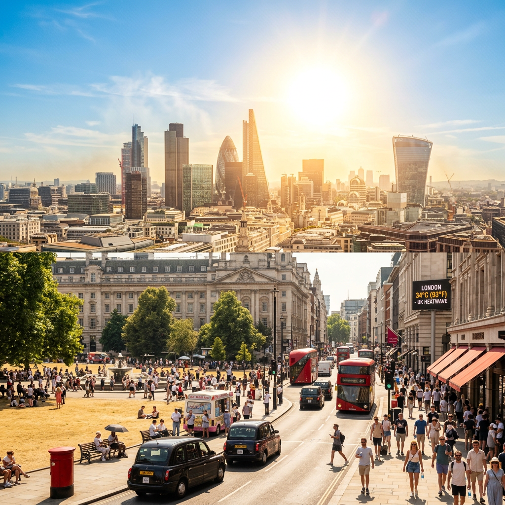 London city skyline with sun and busy street filled with pedestrians, buses, and cars