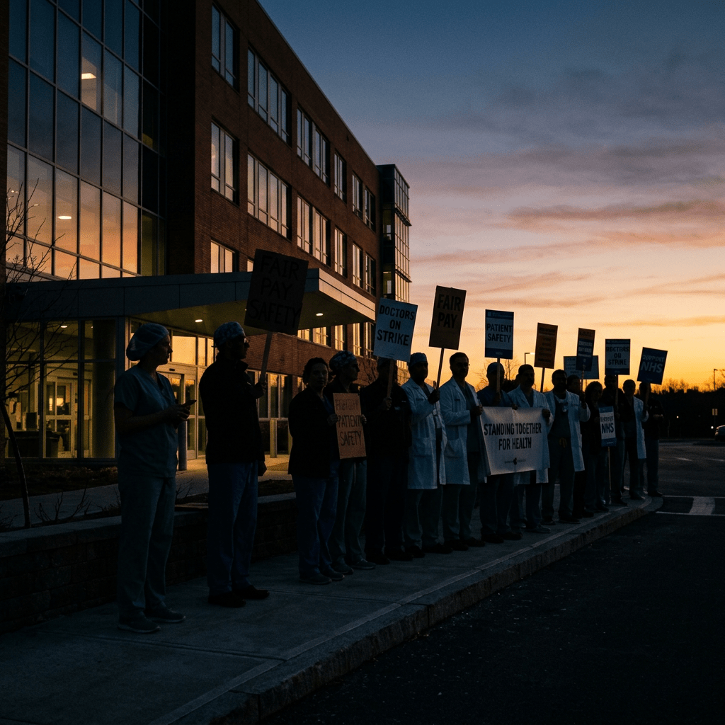 Group of healthcare workers outside hospital holding signs advocating for fair pay and patient safety during sunset