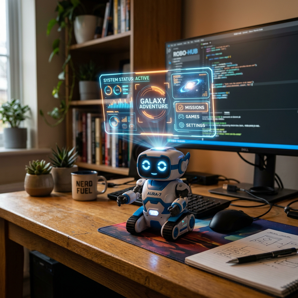 Small blue and white robot projecting holographic game interface called Galaxy Adventure on wooden desk