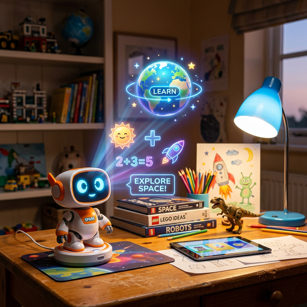 Educational robot projecting holograms with earth, math equation, and space exploration icons