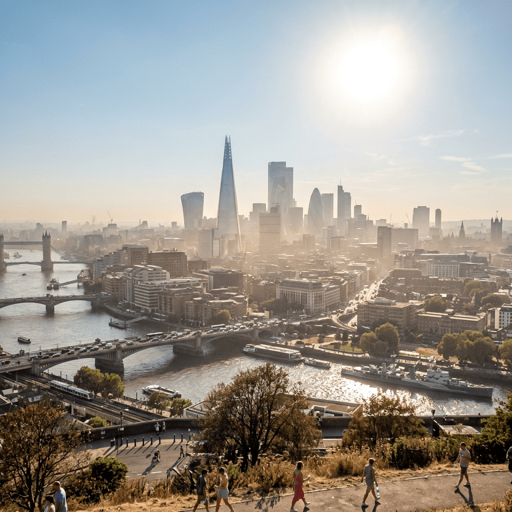 London skyline heatwave blazing sun haze