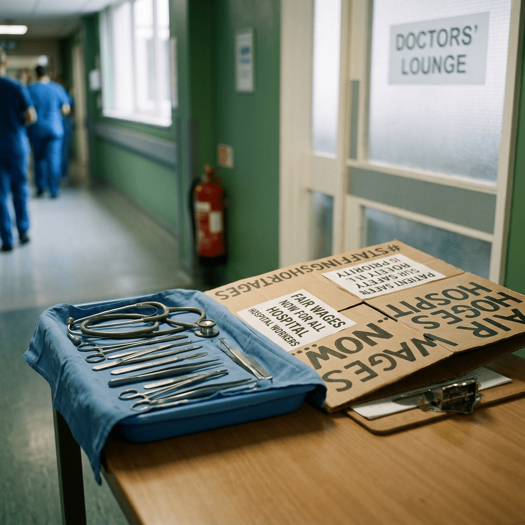 Medical tools beside folded protest sign hospital