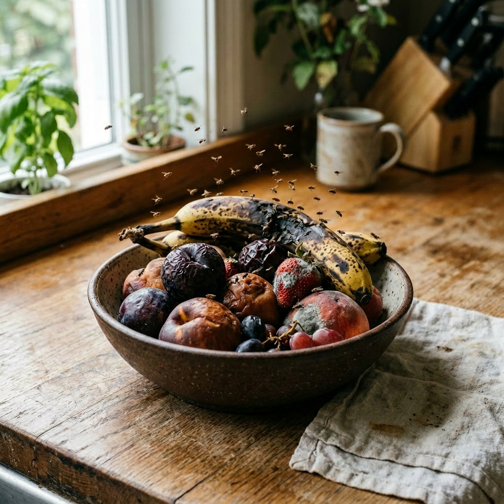 Bowl filled with overripe, moldy fruit and bananas with flies flying around