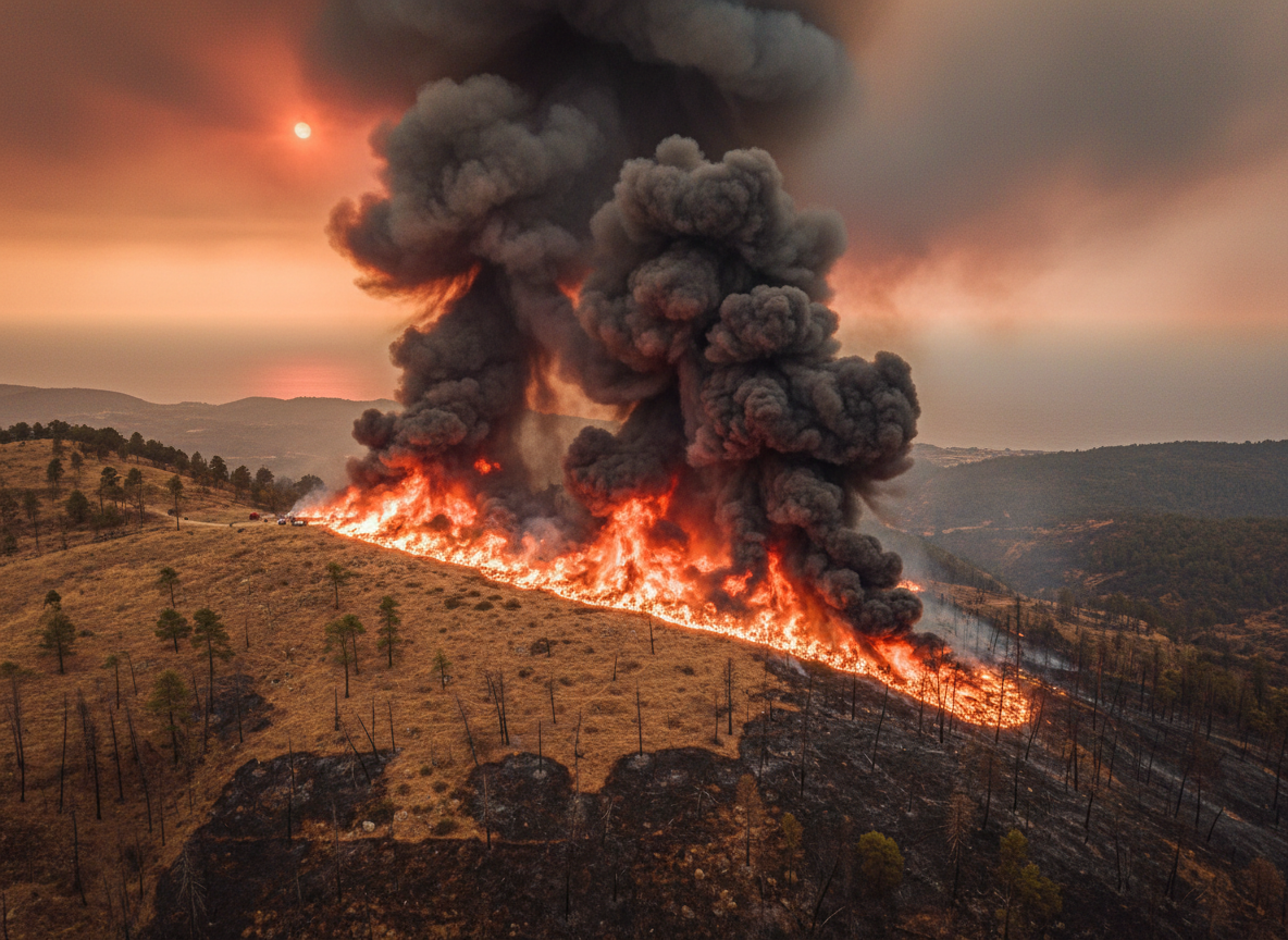 Dramatic aerial view of a large wildfire burning across a dry Mediterranean landscape, with thick orange and black smoke billowing into a hazy sky
