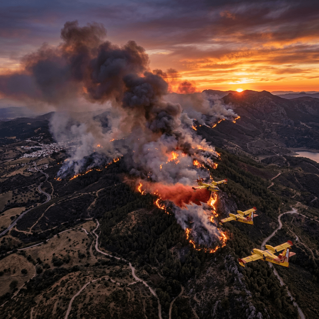 Three yellow firefighting planes releasing red retardant over a forest wildfire with thick smoke and flames