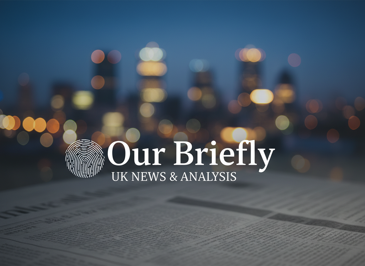 A realistic, modern and professional editorial news brand image for "Our Briefly" — a UK news platform. Clean newspaper-style aesthetic with a subtle background of blurred city lights or a newspaper texture. Bold, elegant typography overlay with "Our Briefly" branding. Suitable for a Facebook page cover. Professional, trustworthy, sophisticated atmosphere. Realistic photo-style composition.