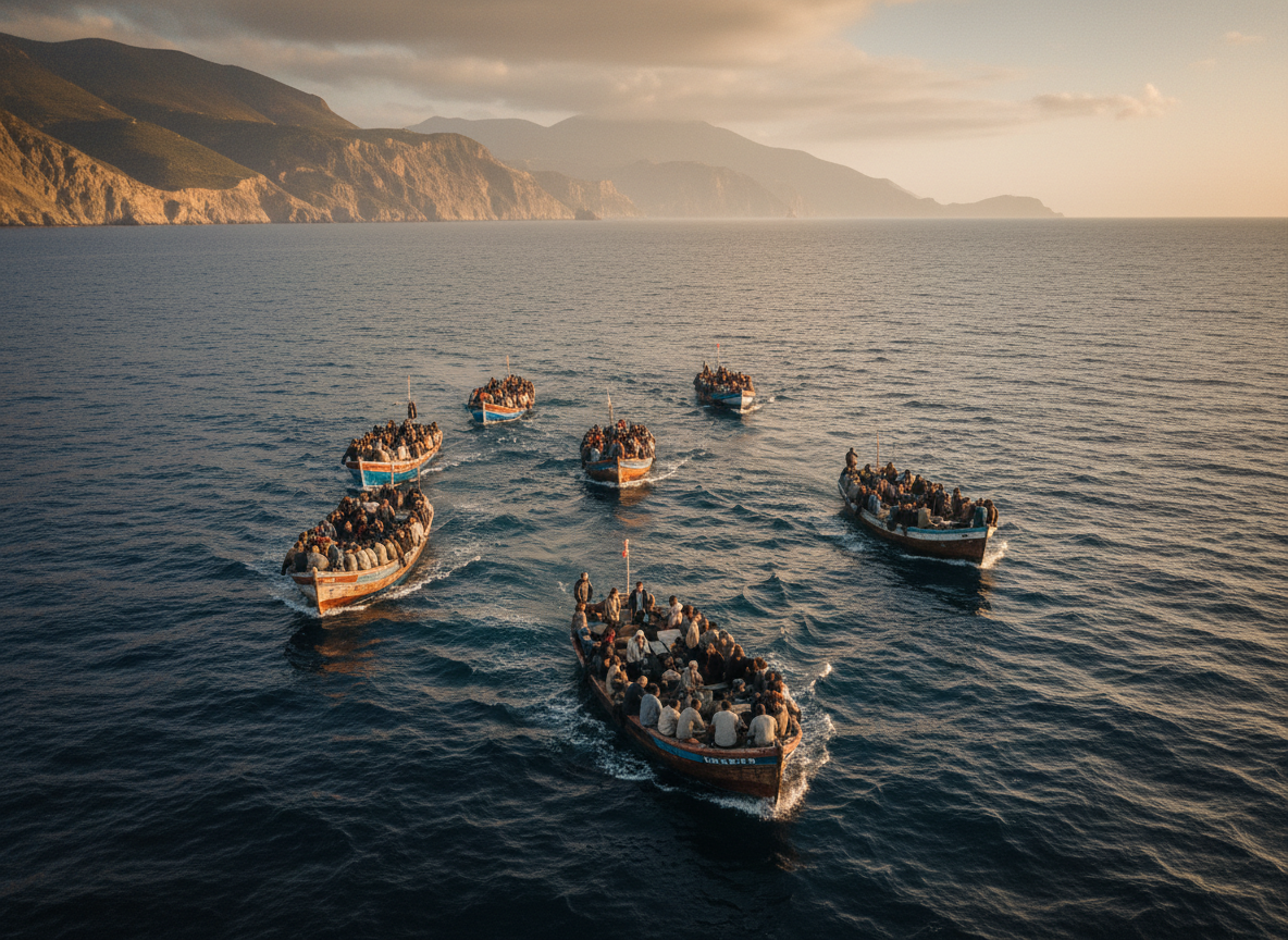 Small overcrowded boats crossing the Strait of Gibraltar