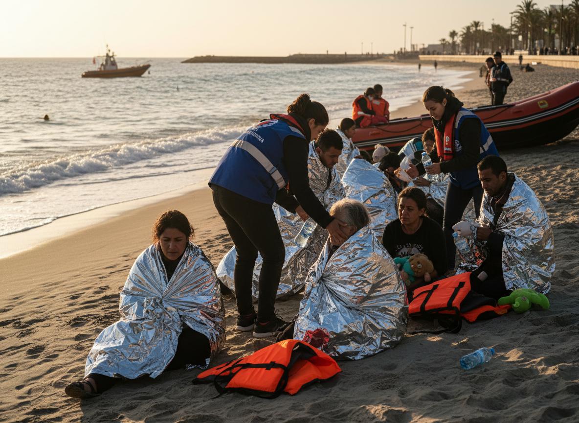 Migrants wrapped in foil blankets on a Spanish beach